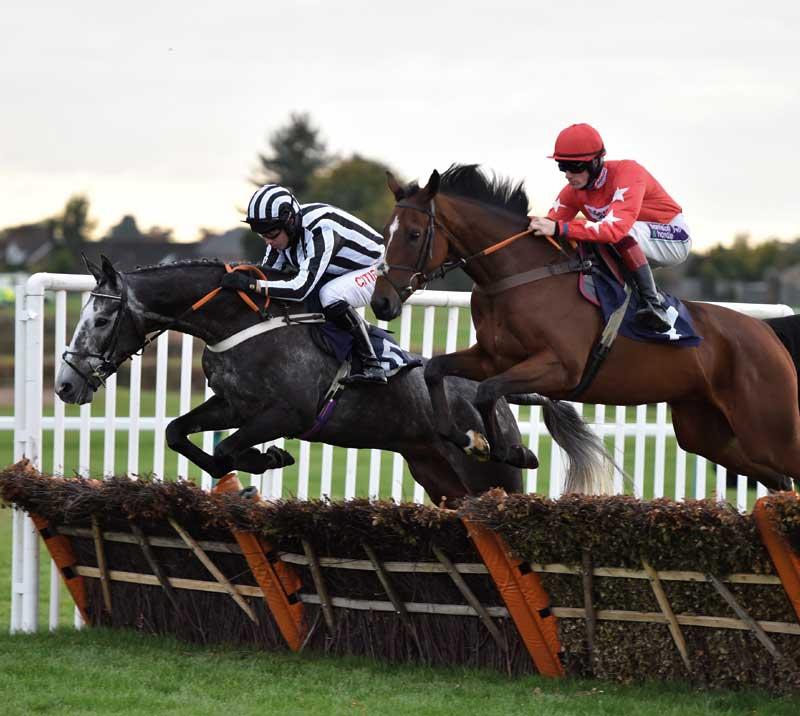 Two jockeys on horses jumping over a hurdle.