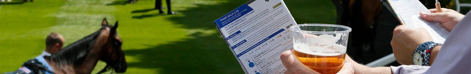 Close up of a racegoer holding racecard and glass of beer.