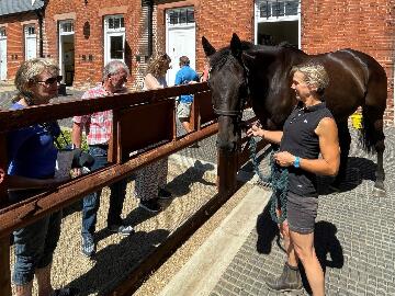 Visitors in the Rothschild Yard at the National Horseracing Museum in Newmarket